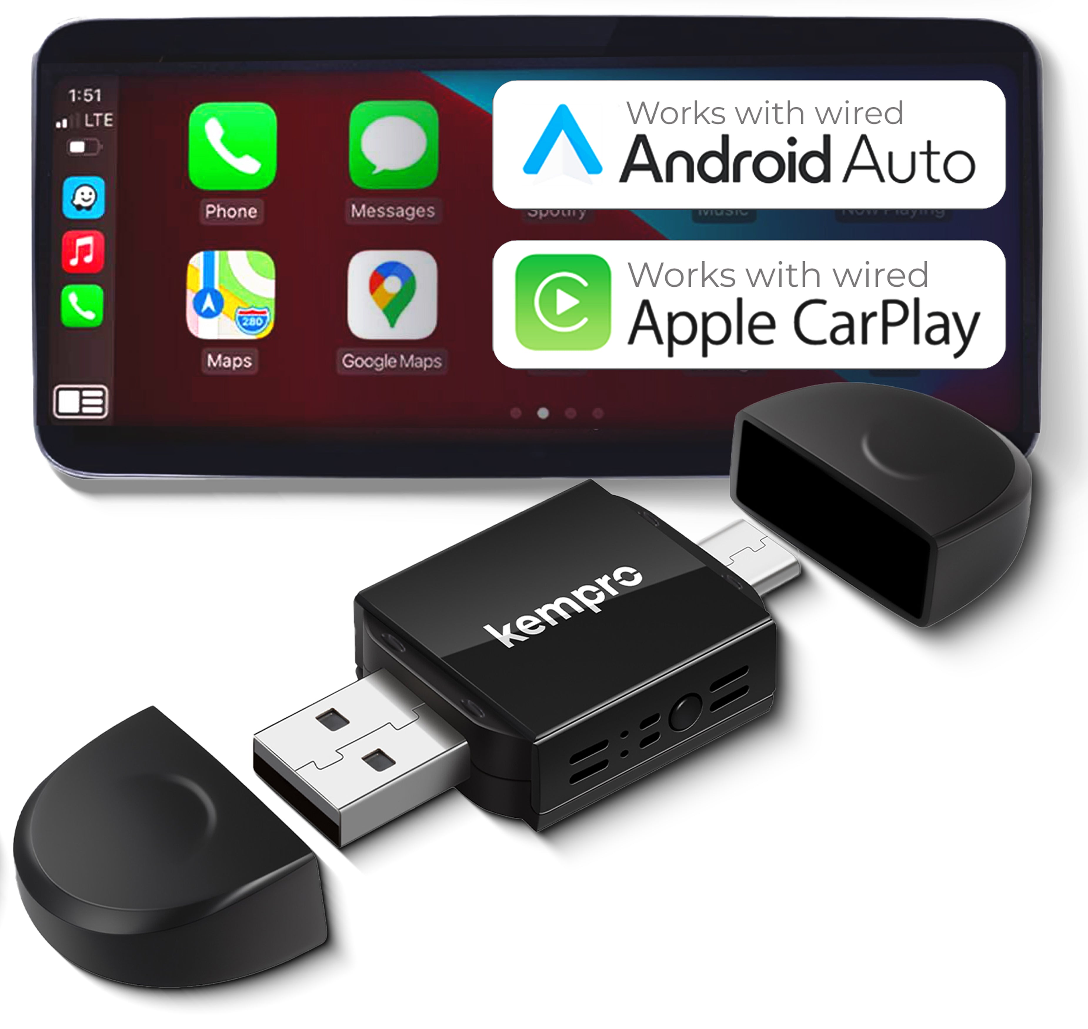Kempro Wireless CarPlay & Android Auto Adapter – Plug & Play Dongle for Factory Wired CarPlay – Convert Wired to Wireless – USB A & USB C – Compatible with iPhone iOS 10+