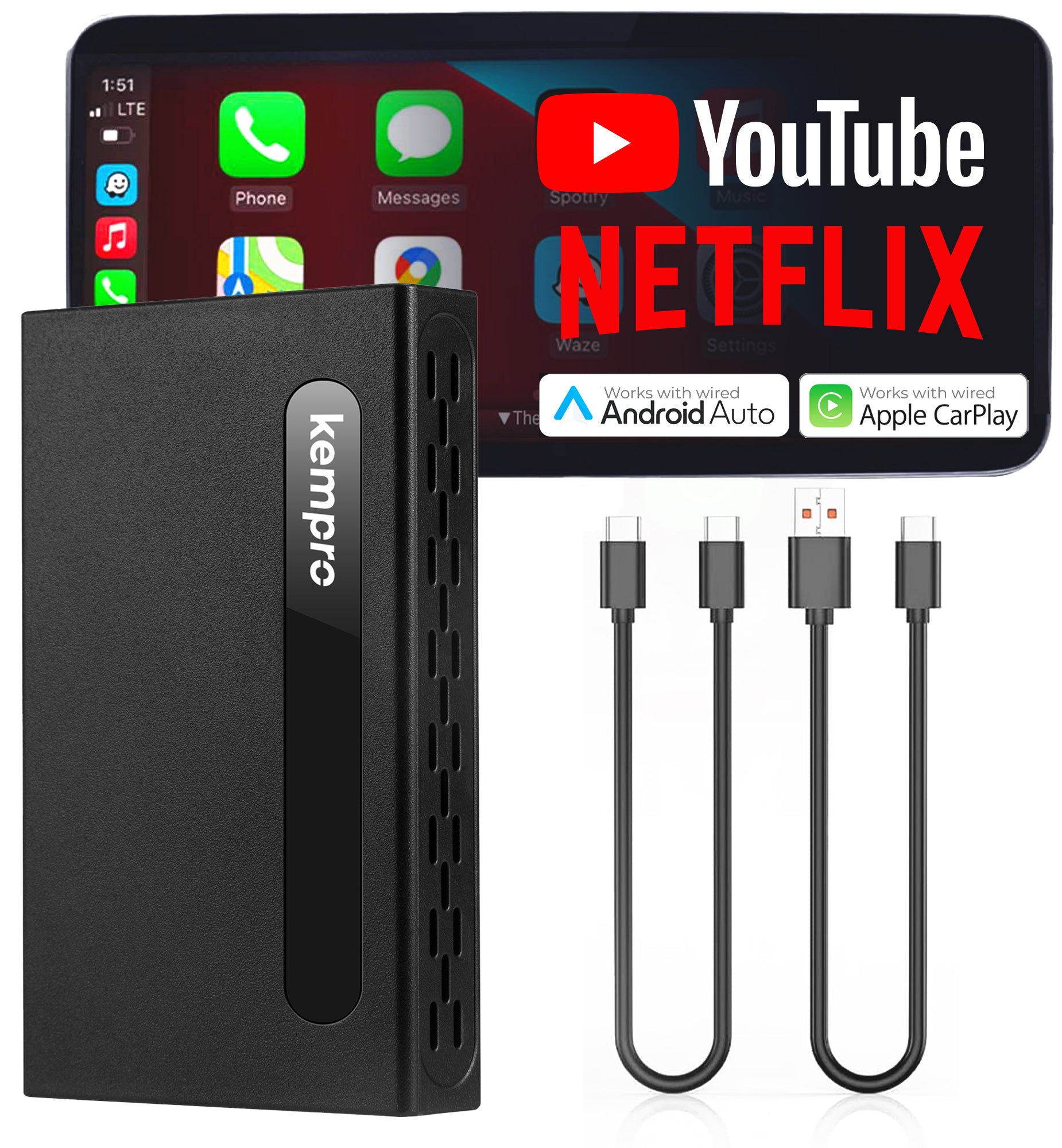 Kempro Smart Box – 3-in-1 Wireless CarPlay & Android Auto Streaming Adapter