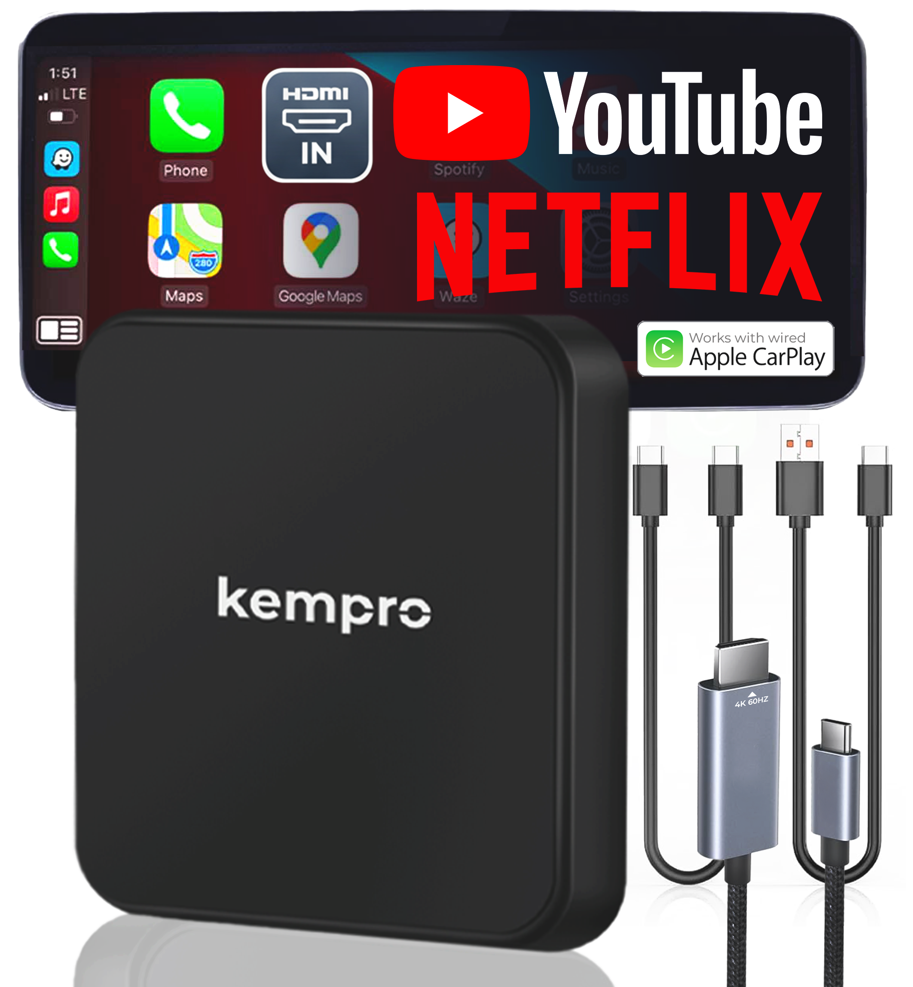 Wireless CarPlay Adapter with HDMI input TV Streaming Adapter hdmi carplay adapter wireless android auto Kempro